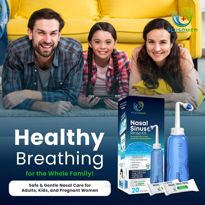 Nasal Rinse Kit – 300Ml Bottle + 20 Saline Packets – Neti Pot for Sinus Relief & Nasal Hygiene – PH Balanced, Drug-Free, Preservative-Free – Suitable for Adults & Children 5+