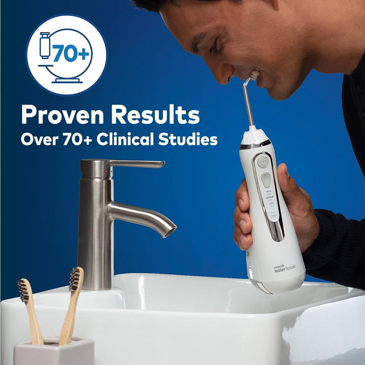 Cordless Advanced Water Flosser, 3 Pressure Settings, Dental Plaque Removal Tool, Ideal for Travel or Small Bathrooms, USB Charger, White, WP-580UK