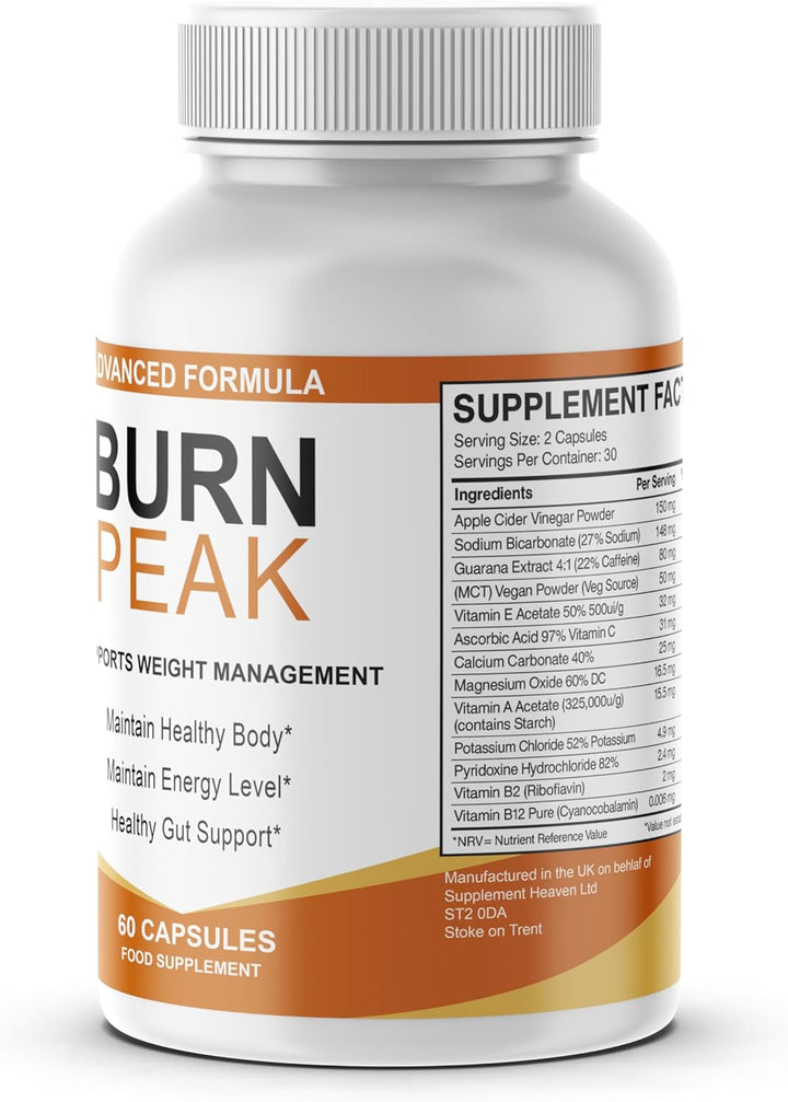 Burn Peak Advanced Formula – Weight Management & Metabolism Support Supplement – Apple Cider Vinegar, Guarana & Vitamins B2, B12 – Energy & Gut Health Support – 60 Capsules – Made in UK