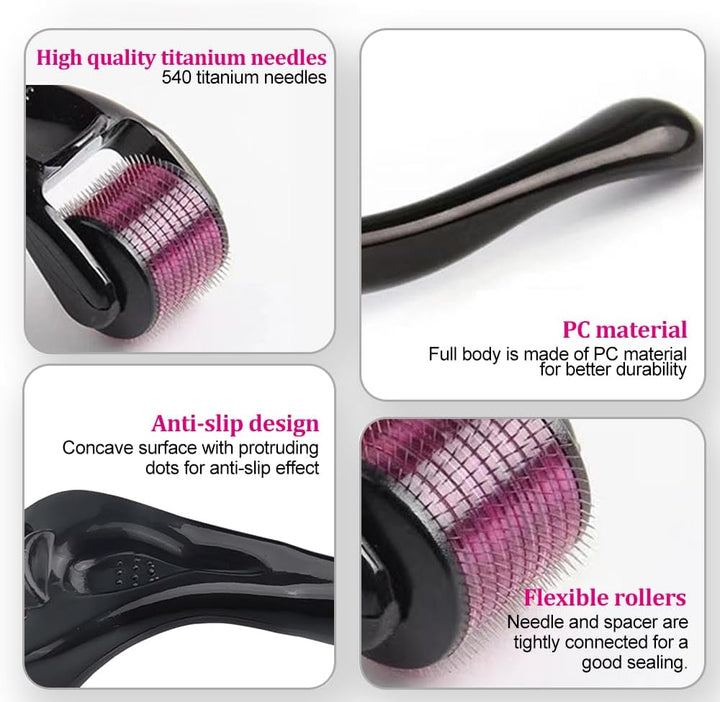 Derma Roller, 0.5Mm/0.75Mm Beard Roller, 540 Titanium Micro Needling Roller for Men and Women, Beard Growth Roller Microneedle Roller for Stimulate Hair Growth, Facial Skin Care