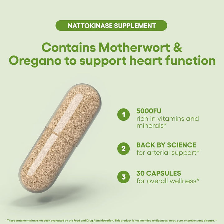 Nattokinase 5000FU Arterial Support with Oregano Extract 125Mg & Motherwort 125Mg 30 Capsules Made in the UK (30)