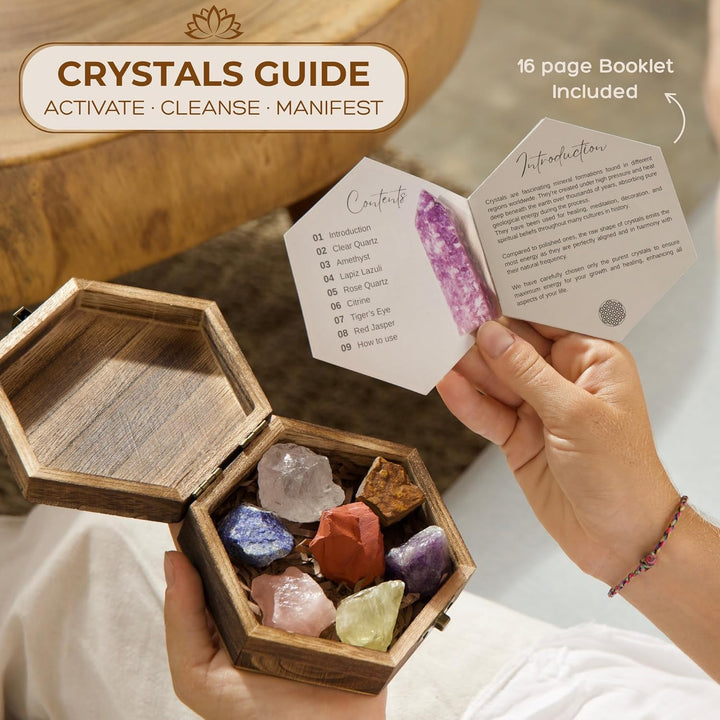 Premium 7 Chakra Healing Crystals Set for Energy Alignment - Large Raw Amethyst, Rose Quartz, Citrine, Lapis Lazuli, Clear Quartz, Tigers Eye & Red Jasper - Wooden Gift Box & Guidebook Included