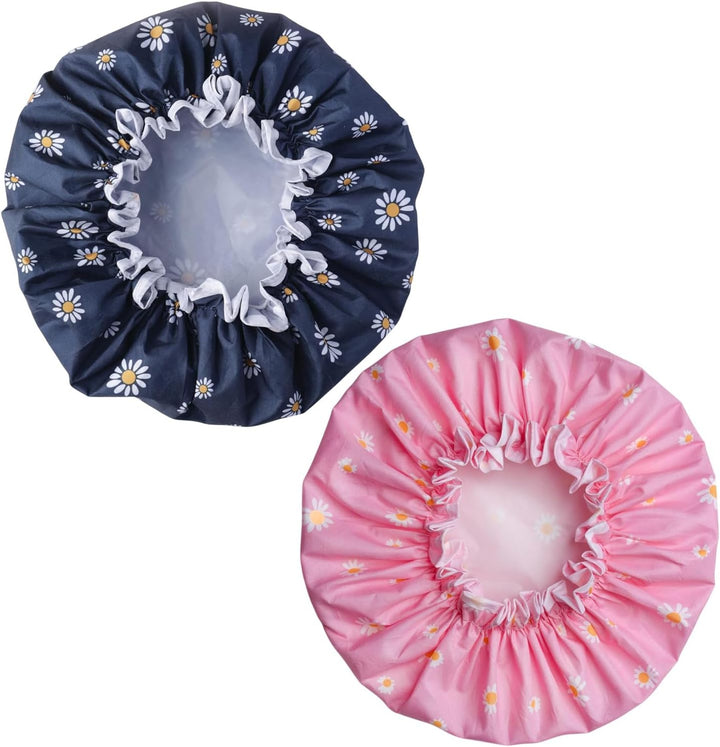 Premium Double Layer Shower Cap for Women with Unique Flower Design- Reusable Shower Cap for Hair - Waterproof Plastic Cap - Shower Caps for Long, Short and Curly Hairs