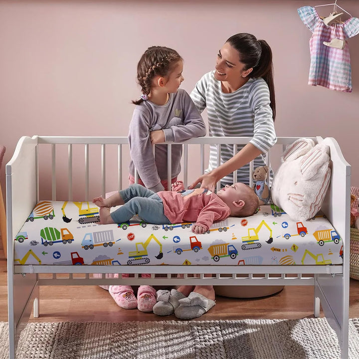 2 Pack Cot Bed Fitted Sheets 140 X 70Cm for Girl Boys | Bedding for Cot Bed | Easy Care Soft Cotton and Dureable, Unique Car & Dinosaur Pattern Baby Crib Sheets