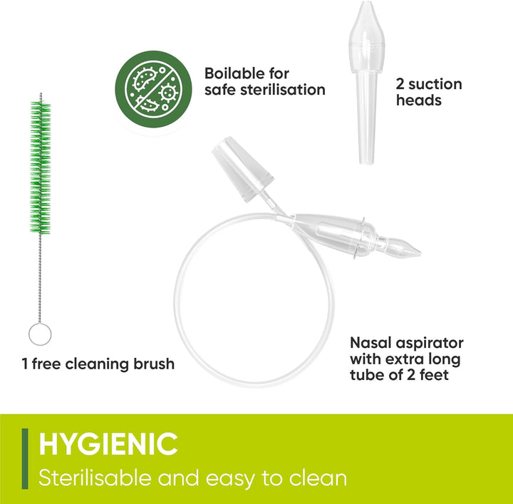 Nasal Aspirator Baby. CLINICALLY Tested, Safe and Gentle. Baby Nose Sucker with 2 Suction Heads and Cleaning Brush. Safe and Gentle Baby Nasal Aspirator with Strength of a Vacuum Cleaner