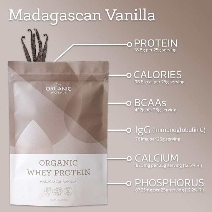 The Organic Protein Co. – Madagascan Vanilla Organic Whey Protein Powder | No Additives, Undenatured, Bioactive, UPF Free, No Emulsifiers, Primarily Grass Fed, Vegetarian, Gluten Free – 400G