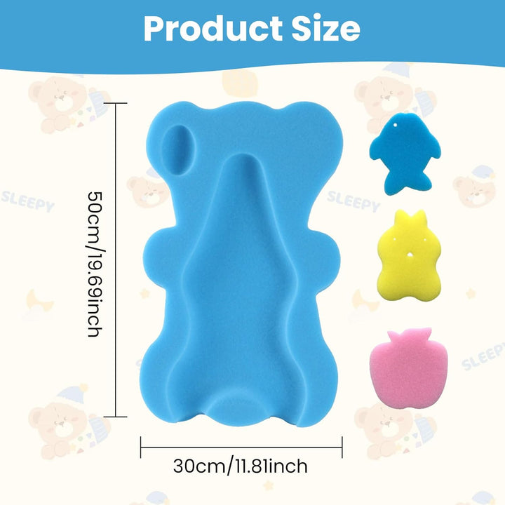 Baby Bath Sponge with Support Pillow, Anti-Slip Foam Baby Bath Cushion & Holder, Antimicrobial Blue Bath Mat for Infant Care & Newborn