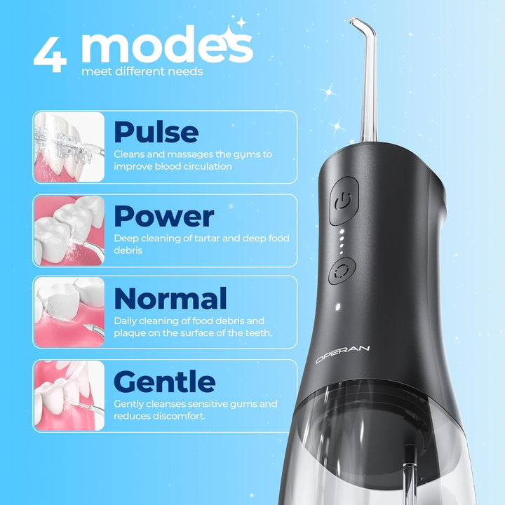 Water Dental Flosser for Teeth Cordless, 300ML Rechargeable Oral Irrigator with 4 Modes, Water Flossers for Adults, IPX7 Waterproof, Use at Home/Travel, Black，1 Pack + 4 Nozzles