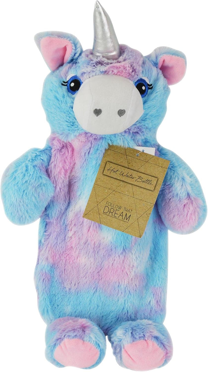 Hot Water Bottle with Rainbow Coloured Faux Fur Unicorn Design Cover