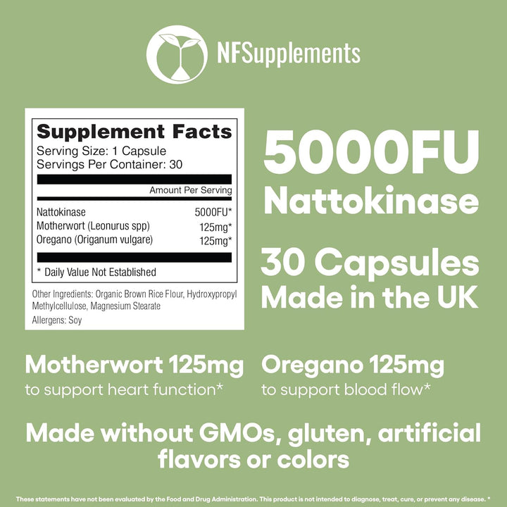 Nattokinase 5000FU Arterial Support with Oregano Extract 125Mg & Motherwort 125Mg 30 Capsules Made in the UK (30)