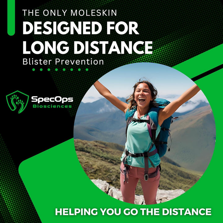Hiking & Running Thin Moleskin for Blisters – Trusted by Champions! Featuring 2477 Square Centimeters of Super-Adhesive, Durable Moleskin Tape, It Stays Put Even during the Most Grueling Adventures.