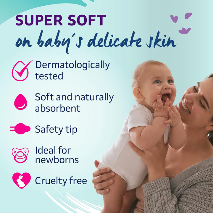 Baby Wool Safety Buds, 1 X Pack of 60, Certified Organic, 100% Pure Wool Tips, Durable Paper Stems, Plastic Free Cotton Buds, Dermatologically Tested.