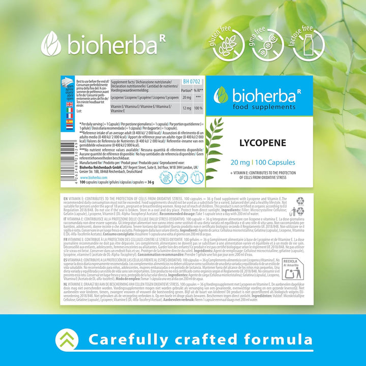 Lycopene 20 Mg – 100 Capsules | Tomato-Derived Supplement with Natural Antioxidant Properties by