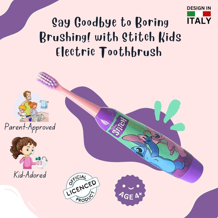 Disney Stitch Battery Powered Electric Toothbrush for Kids – Soft Rounded Bristles, Enhanced Vibration, Protection Cap & Battery Included | Gentle & Fun Oral Care for Children Ages 4+