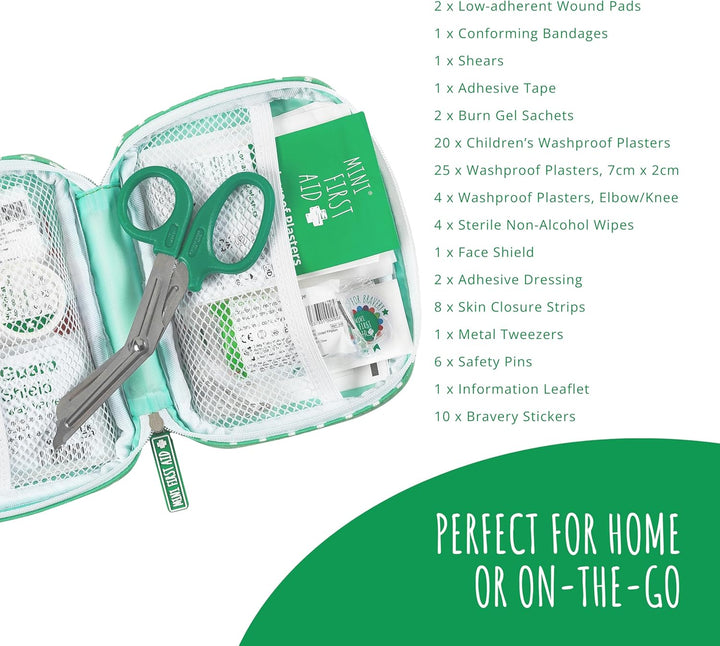 Kit - 90 Items Kids First Aid Kit Includes Plasters, Bandages, Scissors, Tweezers & Burn Gel – for Car, Home, Office, Travel & Camping - Ideal for Babies & Kids – as Seen on Dragons Den