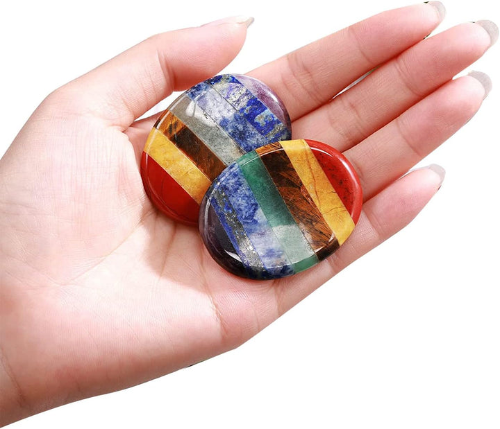 Thumb Worry Stone for Anxiety with Velvet Bag - 7 Chakra Healing Crystal Oval Pocket Palm Stone Gemstones for Reiki Balancing Meditation and Anxiety Relief