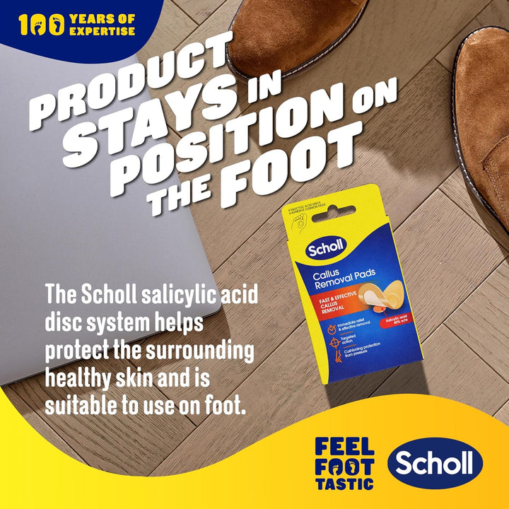 Scholl Callus Remover Pads for Feet - Targeted Action with 4 Salicylic Acid Discs and 4 Adhesive Cushion Pads for Fast & Effective Callus Removal, Soft Pads for Immediate Protection from Rubbing