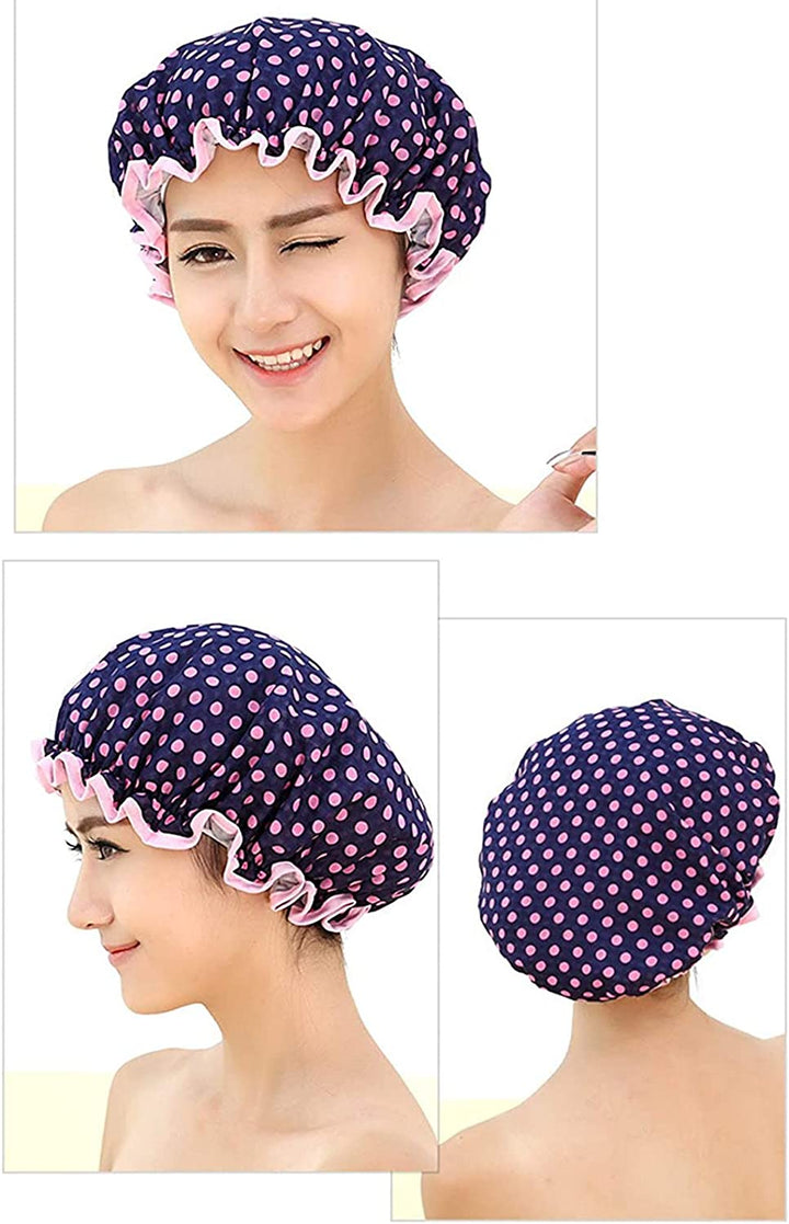 Prettydate 3 Packs Double Layer Shower Cap Waterproof Elastic Bath Cap for Women Shower Spa Salon