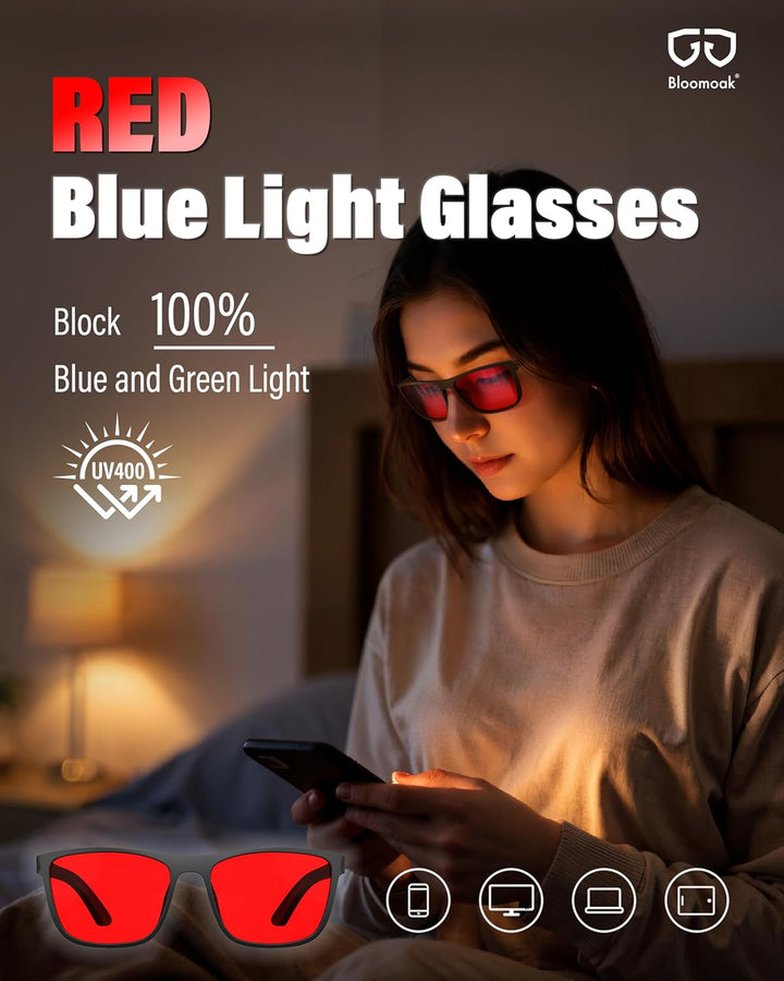 Dark Red Lens Sleep Glasses, 100% Blue & Green Light Blocking Glasses for Better Sleep, anti Eyestrain Women Men