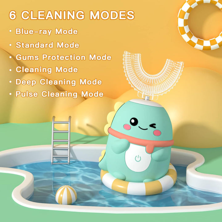 Kids Electric Toothbrush U Shaped Toddler Auto Sonic Toothbrushes with 5 Brush Head，Cartoon Dinosaur Ultrasonic Toothbrushes for Children 2-12 Years，360° Full Mouth Cleaning Automatic