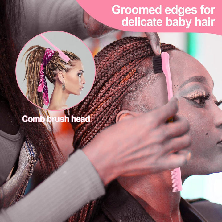 3 Pcs Slick Back Hair Brush Set with Edge Brush, Bristle Brush, Rat Tail Comb, Teasing Brush Set for Smoothing Baby Hair & Flyaways - Pink