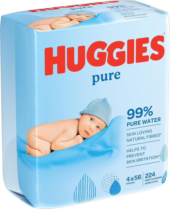 Pure, Baby Wipes, 4 Packs (224 Wipes Total) - Natural Wet Wipes for Sensitive Skin - 99 Percent Pure Water - Fragrance Free to Clean and Protect
