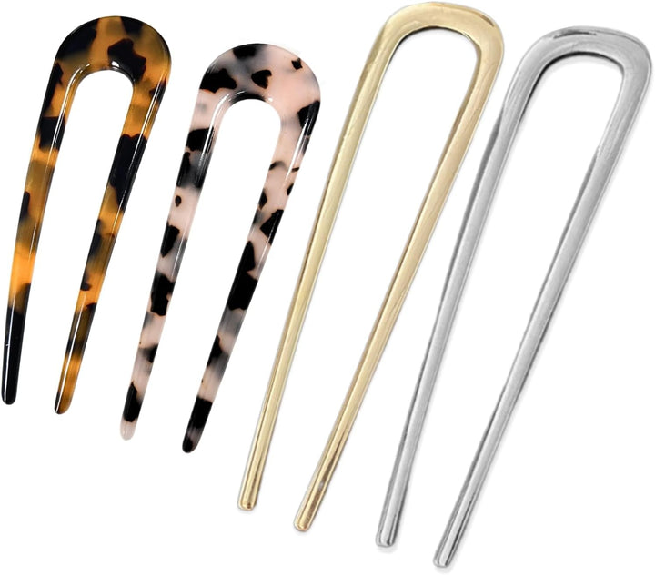 4 PCS French Hair Pins U-Shaped Hair Pins Delicate French Twist Pins for Variety Occasions Gold and Silver Hair Clips Dark and Light Tortoiseshell Clips for Women and Girls (Metal and Acetate)