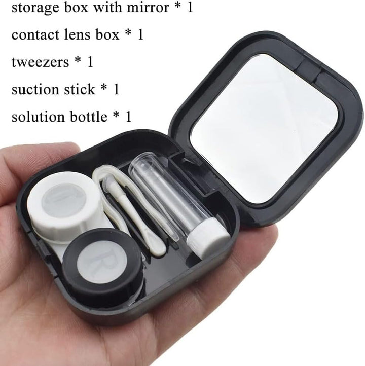 Contact Lens Case with Mirror - Contact Lens Box Holder Container, Outdoor Mini Contact Lens Soak Storage Kit with L and R Caps for Travel & Home (Black)
