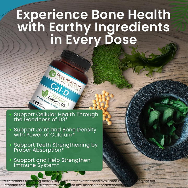 Pure Nutrition Cal D - Plant Based Calcium with VIT D3 K2 & Magnesium | 120 Tabs | 500Mg Vegan Calcium per Serving | Supplement for Bone Health