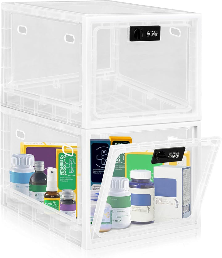 Lockable Medicine Box with Code, 12.6L Large Lockable Storage Box for Medication, Snacks, Phone, and Electronics - Bpa-Free, Clear Design with Charger Holes for Home, Office, Dorm, and Fridge