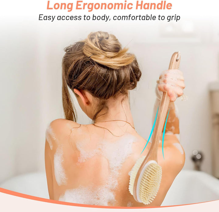 Wooden Back Scrubber for Shower with Long Handle, Dual-Sided Bath Brush Body Scrubber with Stiff and Soft Bristles, Exfoliating Body Brush [Dry and Wet Brushing]