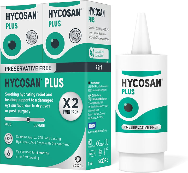 plus - Dry Eye Drops with Hyaluronic Acid and Dexpanthenol for Soothing Hydrating Relief and Healing Support for Eyes Recovering from Injury or Surgery - Preservative Free - 225 Measured Doses