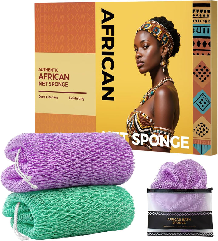 African Net Sponge Authentic - 2 Pieces Body Back Scrubber Bath Sponge with Knots - Afro Loofah Exfoliating Wash Cloth for Shower - African Body Care Daily Use Bathing Accessories
