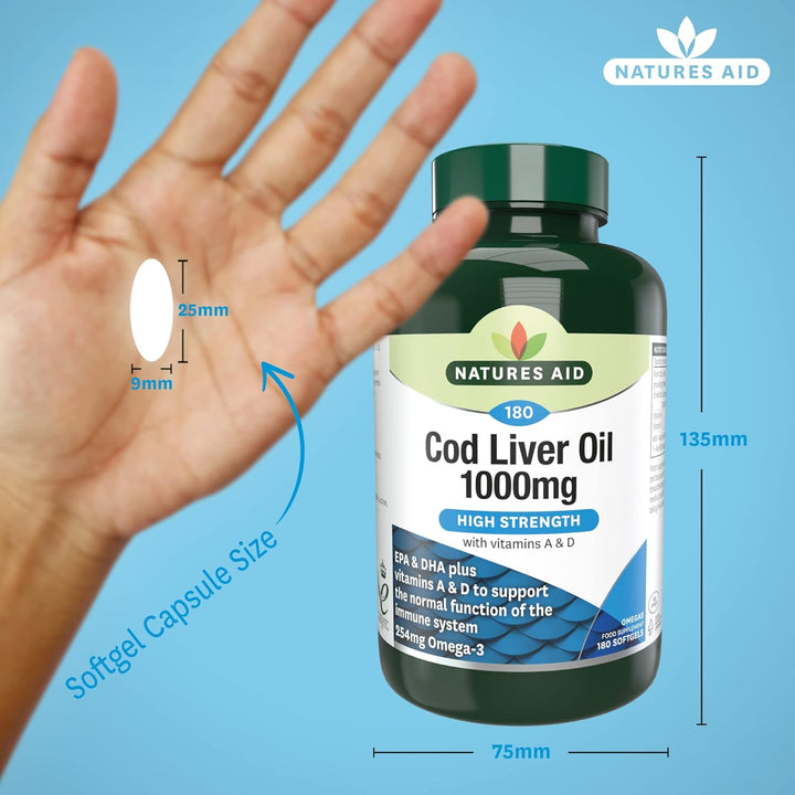 Cod Liver Oil 1000Mg Softgels – High Strength Omega-3 Fish Oil with Vitamins a & D – Supports Immune System, Heart Health, Brain, Vision, Joints – Non-Gmo – 180 Capsules