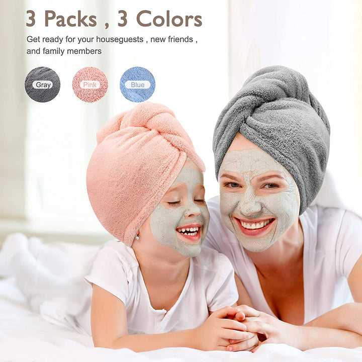 3 Pack Microfiber Hair Drying Towel Wrap Super Absorbent Twist Turban Fast Dry Hair Caps with Buttons Bath Loop Fasten Salon Dry Hair Hat (Gray Pink Blue)