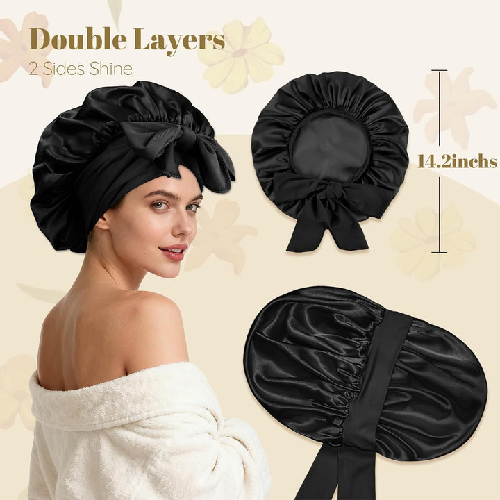 Silk Bonnet, Satin Bonnets for Sleeping, 1 PCS Adjustable Hairs Bonnetss for Women and Hairs Band, Hairs Silk Bonnet for Sleeping, Hairs Bonnets with Tie Band for Curly Hair Braid Women Black