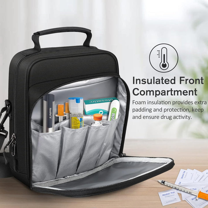 Insulin Cooler Epipen Carrying Case Insulated, Travel Medication Diabetes Supplies Organizer Bag with Shoulder Strap for Asthma Inhaler, Auvi-Q, Allergy Medicine Essentials, (Black)