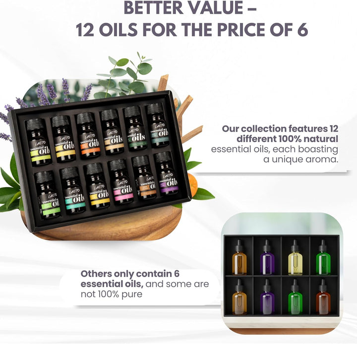 Essential Oils Set 12 X 5Ml | 100% Pure Essential Oils for Diffusers, Burners & Humidifiers | Aromatherapy Oil Gift Collection with Lavender, Peppermint, Lemon, Orange & More