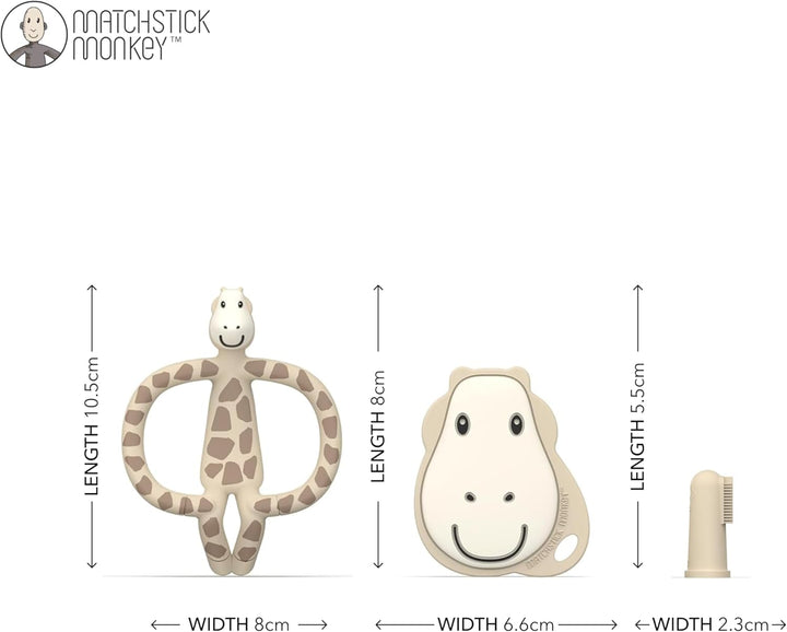 , Antimicrobial Teething Starter Set - 1 Flat Face Teether, 1 Animal Teether, 2 Silicone Finger Toothbrushes, 3 Months Old+, Gigi Giraffe