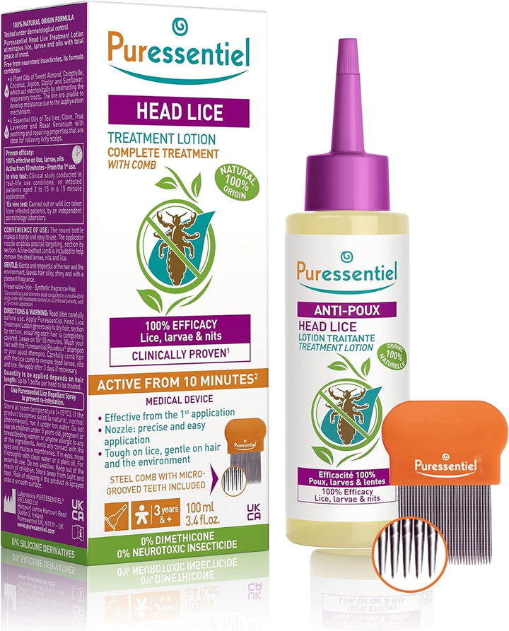 Head Lice Treatment Lotion & Head Lice Comb - Kills 100% Head Lice in Just 10 Minutes - 100% Natural Formula - Easy to Apply Lotion 100Ml - for Kids & Adults - Cruelty Free
