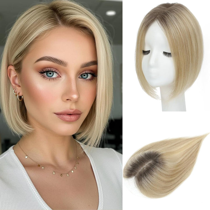 Hair Toppers with Thinninghair 100% Real Human Hair Topper for Women 10Inch Medium Brown Mix Blonde with Dark Brown Root Toppers 120% Density Top Toppee for Thinninghair4T427