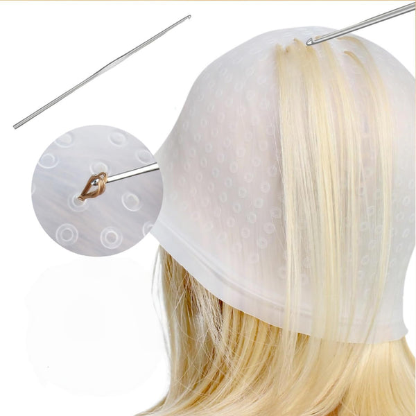 Silicone Highlighting Cap with Pre-Punched Holes, Reusable Professional Unisex Hair Streaking Cap with Hair Picking Hook for Hair Coloring Dyeing Staining, Salon and Home Use (White, 1 Pcs)