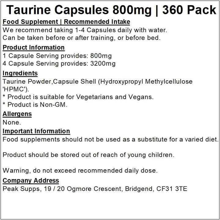 Taurine Capsules 800Mg - 360 Pack | Pure No Fillers | 3Rd Party Tested | Vegan