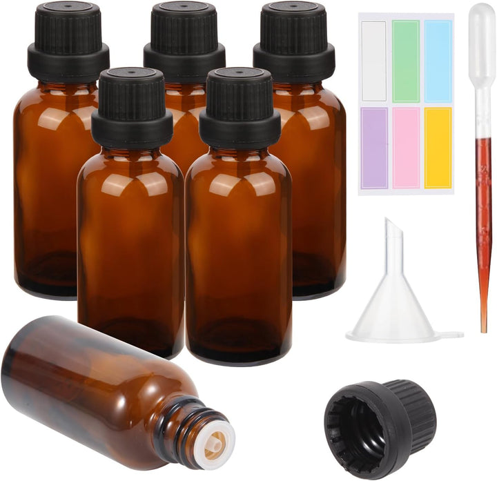 6Pcs 30Ml Amber Glass Essential Oil Bottle with Screw Caps,Empty Refillable Travel Liquid Sample Vial for Perfumes Aromatherapy with Funnel,3Ml Plastic Dropper and 6 Label