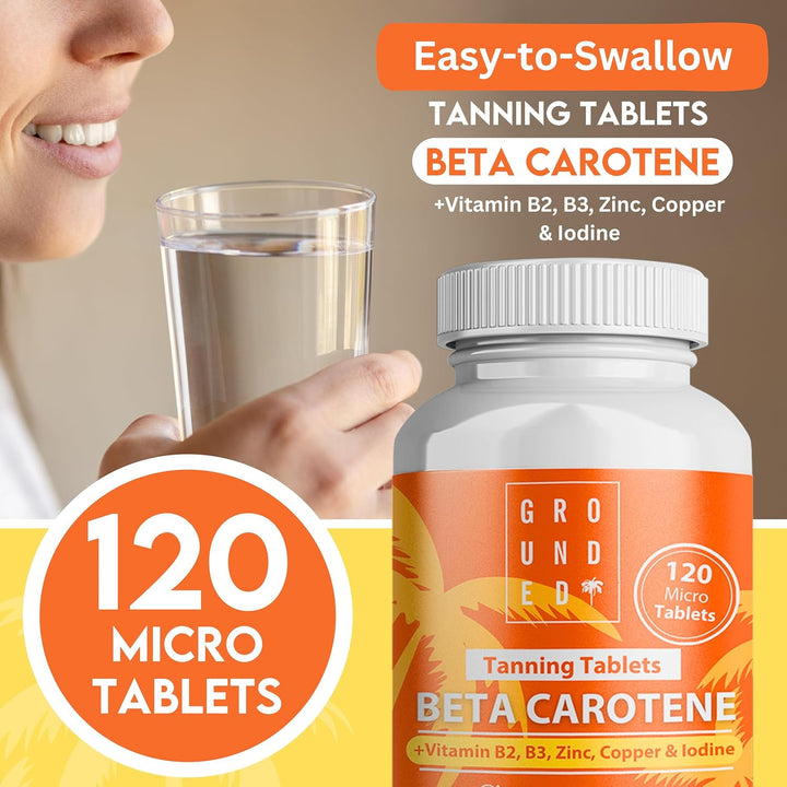 Grounded Beta Carotene Tanning Tablets | 120 Tablets, 4 Month Supply | with Zinc, Vitamin A, B2, B3, Copper & Iodine | High Strength Antioxidant Support | Vegan-Friendly & Made in the UK