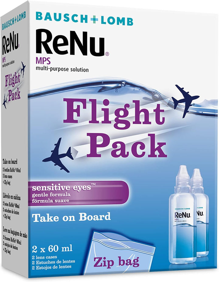 Multi-Purpose Travel Contact Lens Solution, 2X 60Ml Flight Pack Size - for Soft Lenses, Gentle on Sensitive Eyes, Clean, Disinfect, Rinse, Lubricate and Store Your Lenses, Lens Case Included