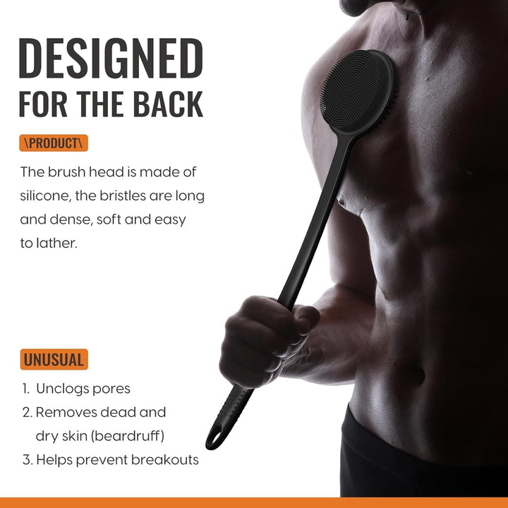 Silicone Body Scrubber for Shower with Long Handle, Double Sided Shower Brush for Shower Exfoliating and Massage Can Produce Rich Foam, Long Handle Back Scrubber for Men