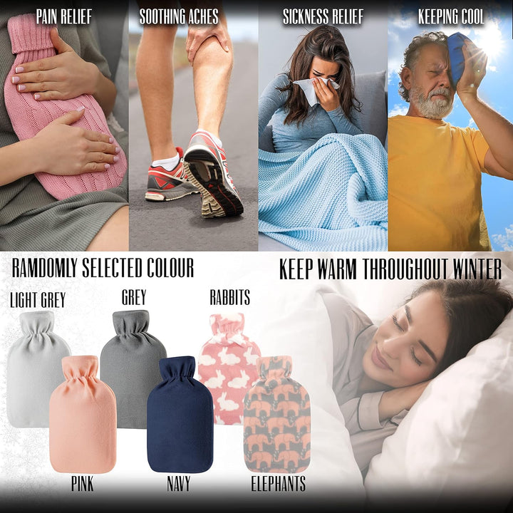 Hot Water Bottle with Soft Fleece Cover - Natural Rubber 2 Litre - British Design - UK Safe Tested