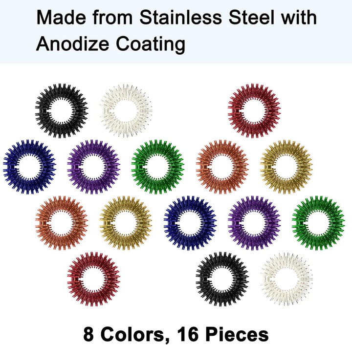 16 Pcs Spiky Sensory Finger Rings, Metal Acupressure Rings, Silent Anxiety and Stress Relief Fidget Ring Set for Teens, Adults - 8 Colours