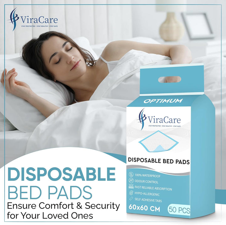 50 X Incontinence Bed Pads | 60 X 60 Cm | Incontinence Bed Sheets | Disposable Mattress Protector | Self Adhesive Tabs | Absorbent Pads | (1 Packs of 50)